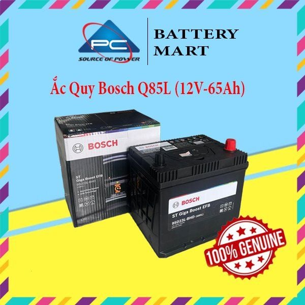Ắc quy BOSCH EFB Q85L 12V-65AH góc nghiêng phải kèm vỏ hộp ST Giga Boost 95D23L-BHD và tem 100% Genuine
