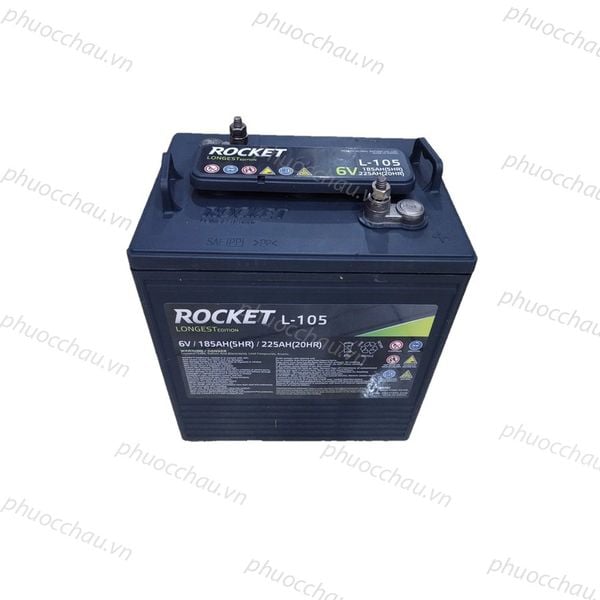 Bình ắc quy xe điện, xe golf Rocket L-105 6V-225Ah góc nghiêng phải, tem LONGEST Edition và 2 cọc bình nổi bật