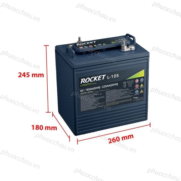 Bình ắc quy Rocket L-105 6V-225Ah nghiêng phải kèm số đo kích thước 260x180x245 mm
