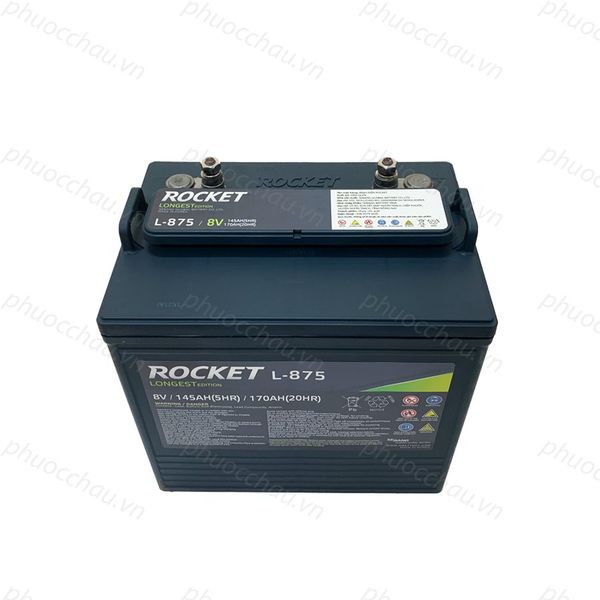 Ắc quy xe điện Rocket L-875 8V 170Ah nhìn từ trên xuống thấy 2 cọc bình và tem thông số