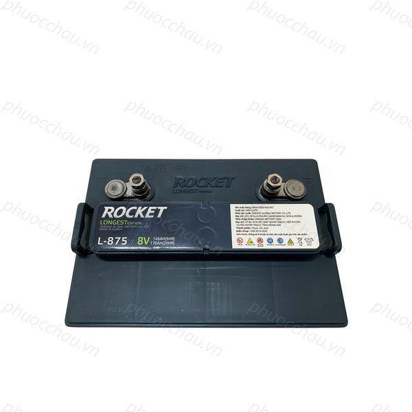 Ắc quy xe điện Rocket L-875 8V 170Ah cận cảnh 2 cọc bình và tem thông số 145AH(5HR)
