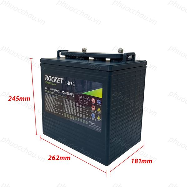 Ắc quy xe điện Rocket L-875 8V 170Ah góc nghiêng trái kèm số đo 245mm x 262mm x 181mm