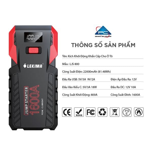 Bảng thông số kỹ thuật Kích bình ô tô LEKIMA LJS800: pin 22000mAh, dòng khởi động 800A, đỉnh 1600A, sạc Type-C 18W