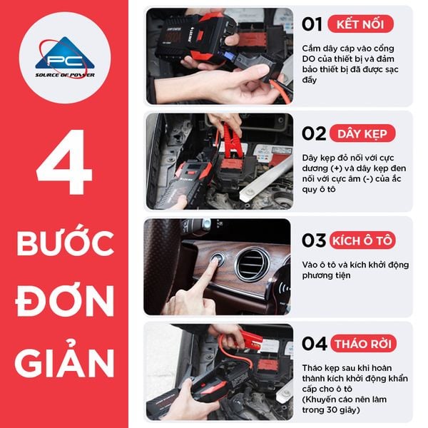Kích bình ô tô LEKIMA LJS800 hướng dẫn 4 bước kết nối dây cấp, kẹp cực âm dương và kích khởi động xe