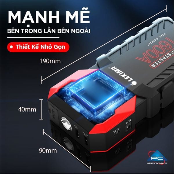 Kích bình ô tô LEKIMA LJS800 thiết kế nhỏ gọn, kích thước 190mm x 90mm x 40mm, vỏ đen viền đỏ, dòng 1600A