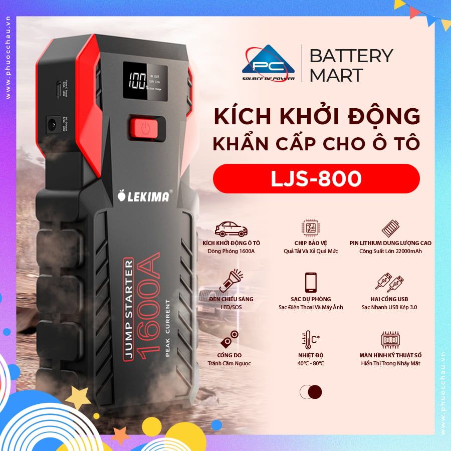 Kích bình ô tô,  bộ kích nổ ô tô LEKIMA LJS800, kích acquy ô tô với công suất lớn, dòng phóng mạnh, kiêm pin sạc dự phòng 22000mAh