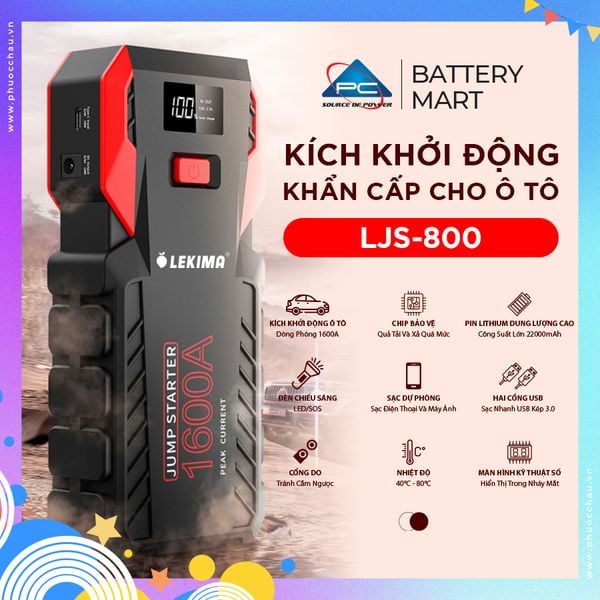 Kích bình ô tô LEKIMA LJS800 ảnh quảng cáo sản phẩm, dòng 1600A, pin 22000mAh, đèn LED SOS, cổng USB