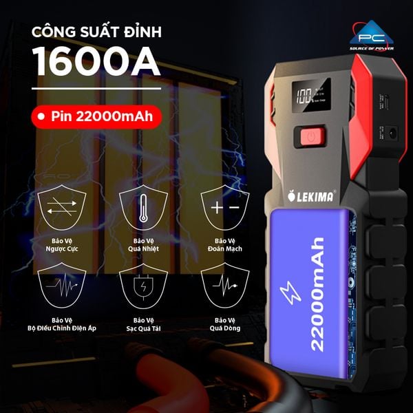 Kích bình ô tô LEKIMA LJS800 ảnh quảng cáo công suất đỉnh 1600A, pin 22000mAh và 6 chế độ bảo vệ an toàn
