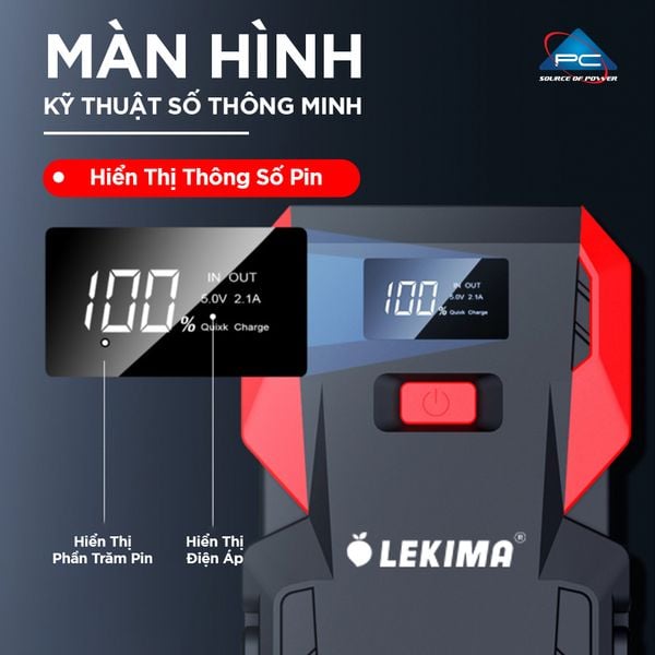 Kích bình ô tô LEKIMA LJS800 cận cảnh màn hình kỹ thuật số hiển thị 100% pin và điện áp 5.0V 2.1A