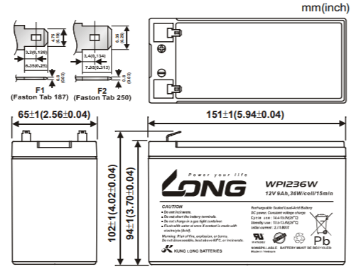 Bình ắc quy khô long 12v-9ah wp1236w dùng cho ups, lưu điện cửa cuốn, lưu điện máy tính, loa kéo