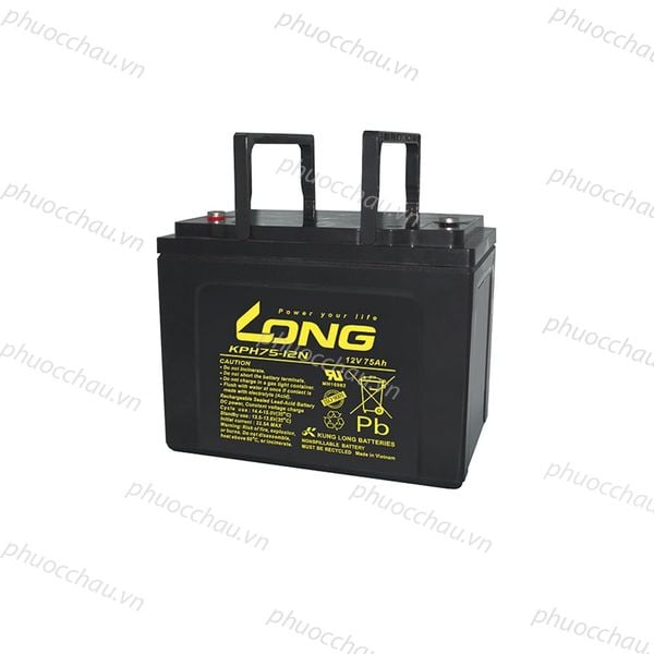 Ắc quy LONG KPH75-12N 12V 75Ah nhìn từ phía sau, vỏ đen có tay xách và tem vàng Power your life
