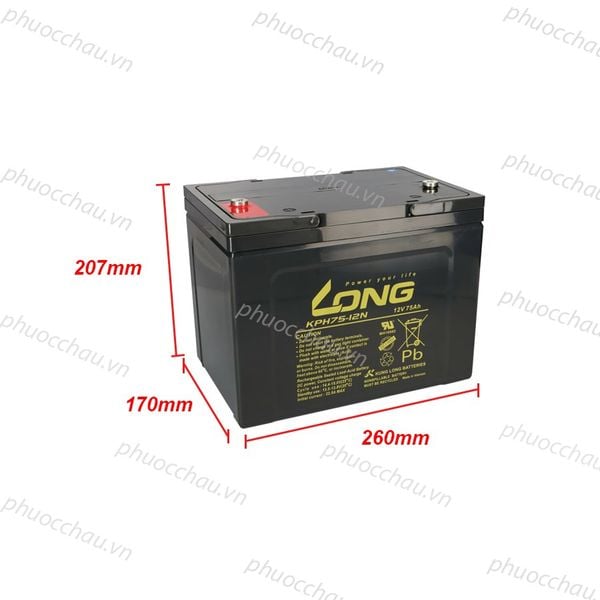 Bình ắc quy LONG KPH75-12N 12V 75Ah góc nghiêng phải kèm số đo kích thước 260x170x207mm
