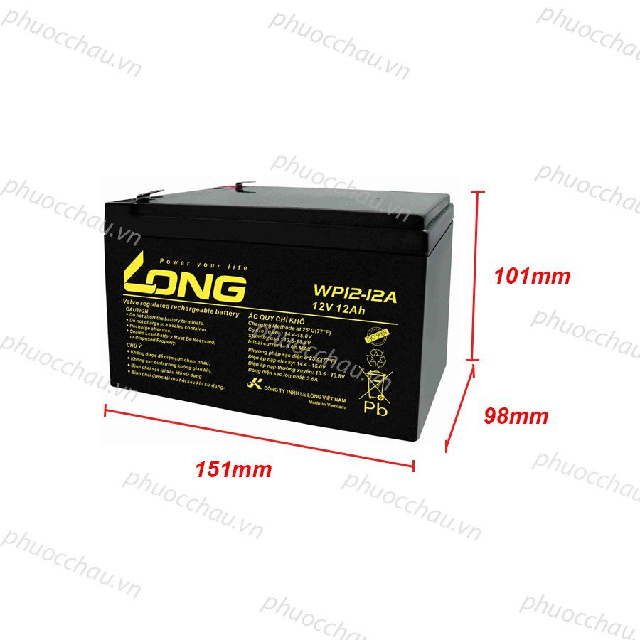 Bình Ắc Quy Khô Long WP12-12A/ WP12-12BT   12V-12Ah dùng cho ups, lưu điện cửa cuốn, lưu điện máy tính, loa kéo