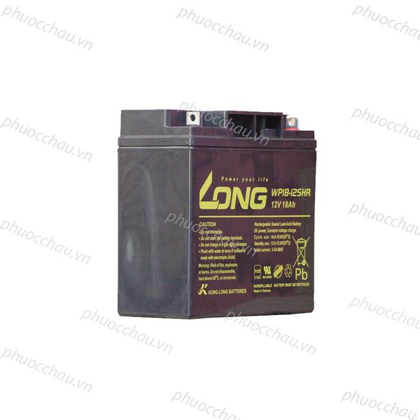 Bình ắc quy LONG WP18-12SHR 12V 18Ah góc nghiêng trái, tem vàng ghi thông số sạc và cảnh báo