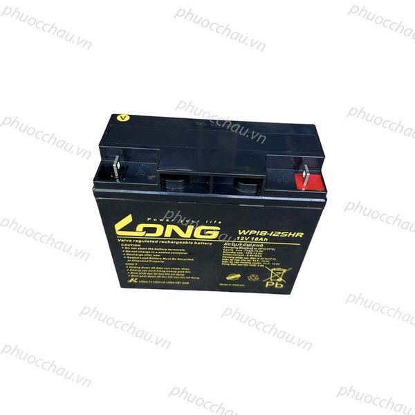 Bình ắc quy LONG WP18-12SHR 12V 18Ah nhìn từ trên xuống, cọc đỏ đen và tem vàng