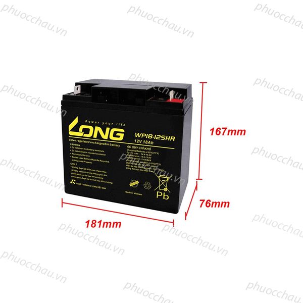 Ắc quy LONG WP18-12SHR 12V 18Ah hình nghiêng phải kèm số đo 181mm x 76mm x 167mm