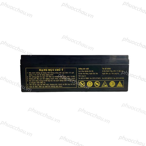 Ắc quy LONG WP2.3-12 12V 2.3Ah mặt sau vỏ đen in hạng mục chú ý và tem xử lý bình