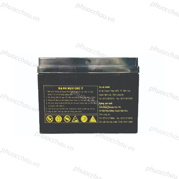 Bình ắc quy LONG WP26-12 12V 26Ah mặt sau vỏ đen, tem vàng hướng dẫn sử dụng và cảnh báo an toàn