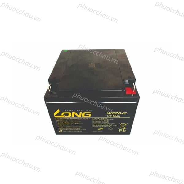 Bình ắc quy LONG WP26-12 12V 26Ah góc nhìn nghiêng phải, vỏ đen nhãn vàng, cọc bình đỏ đen, dùng cho UPS