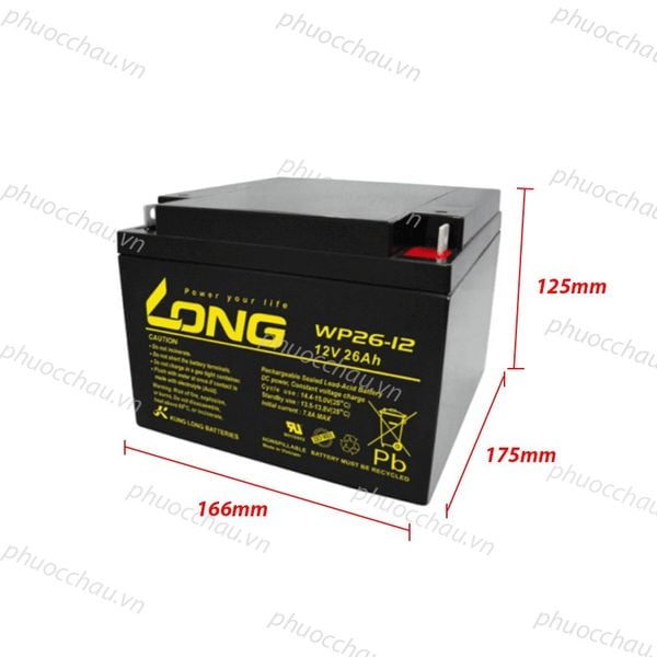 Ắc quy LONG WP26-12 12V 26Ah kích thước dài 166mm cao 125mm rộng 175mm dùng cho UPS