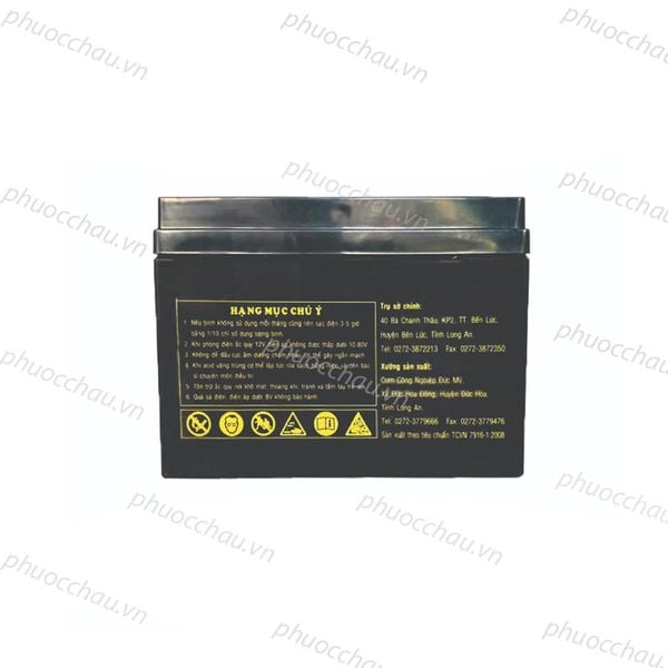 Bình ắc quy LONG WP26-12 12V 26Ah mặt sau vỏ đen, tem vàng hạng mục chú ý và trụ sở chính, dùng cho UPS