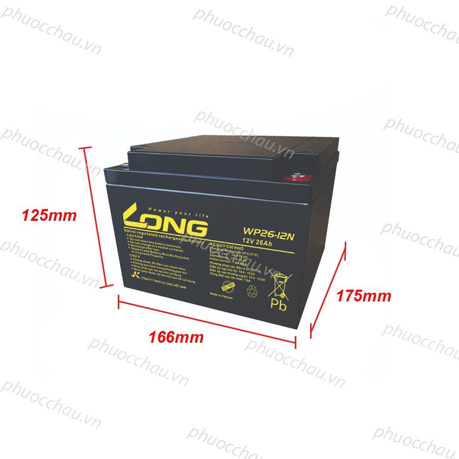 Ắc Quy LONG WP26-12/ WP26-12N (12V-26AH), dùng cho UPS, Năng Lượng Mặt Trời