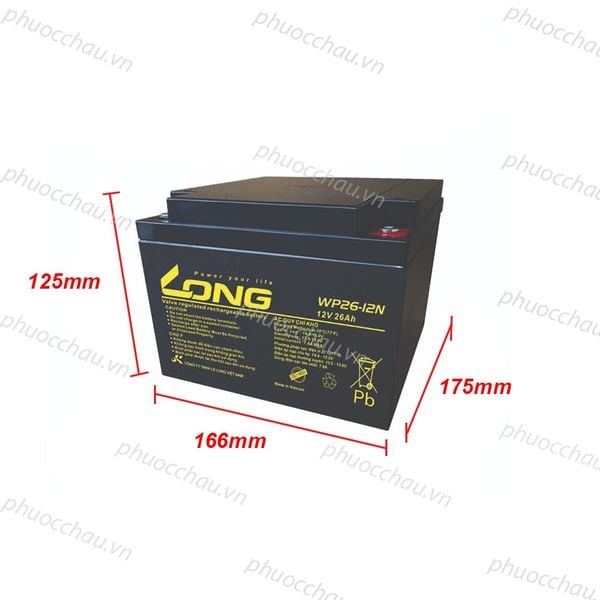 Ắc quy LONG WP26-12N 12V 26Ah hình chiếu kích thước dài 166mm rộng 175mm cao 125mm
