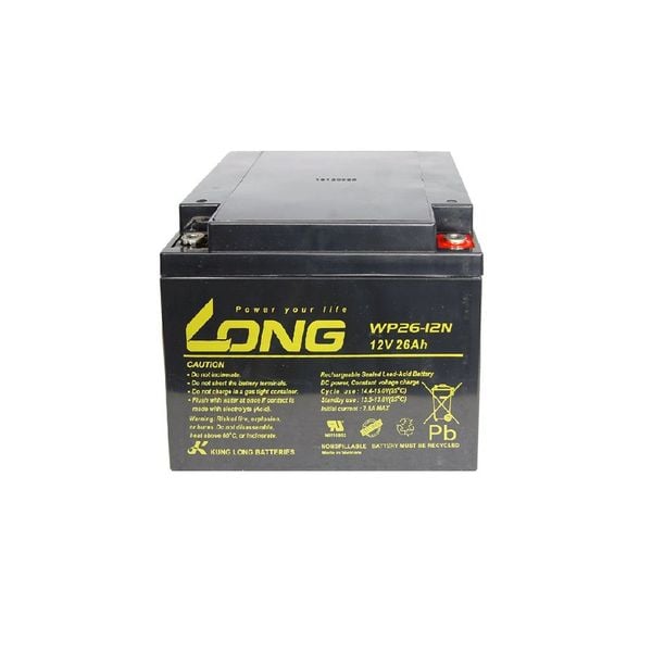 Bình ắc quy LONG WP26-12N 12V 26Ah mặt trước tem vàng ghi thông số sạc và cảnh báo an toàn