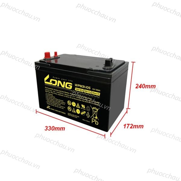 Ắc quy LONG WPM31-105 12V 105Ah hình chiếu nghiêng trái kèm số đo 330mm x 172mm x 240mm