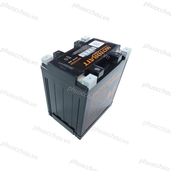 Ắc quy MOTOBATT MBTX30UHD 12V 36Ah xe Harley-Davidson nhìn từ trên xuống, thấy rõ 4 cọc bình và tem sản phẩm