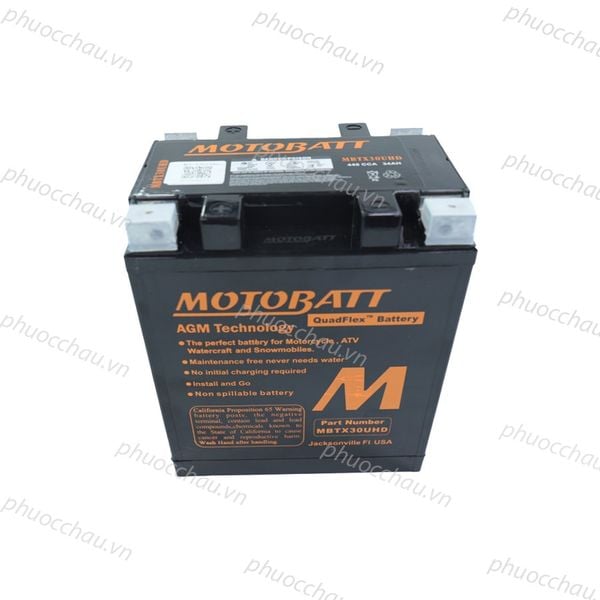 Ắc quy MOTOBATT MBTX30UHD 12V 36Ah xe Harley-Davidson, mặt trước có logo M, tem QuadFlex và 2 cọc bình