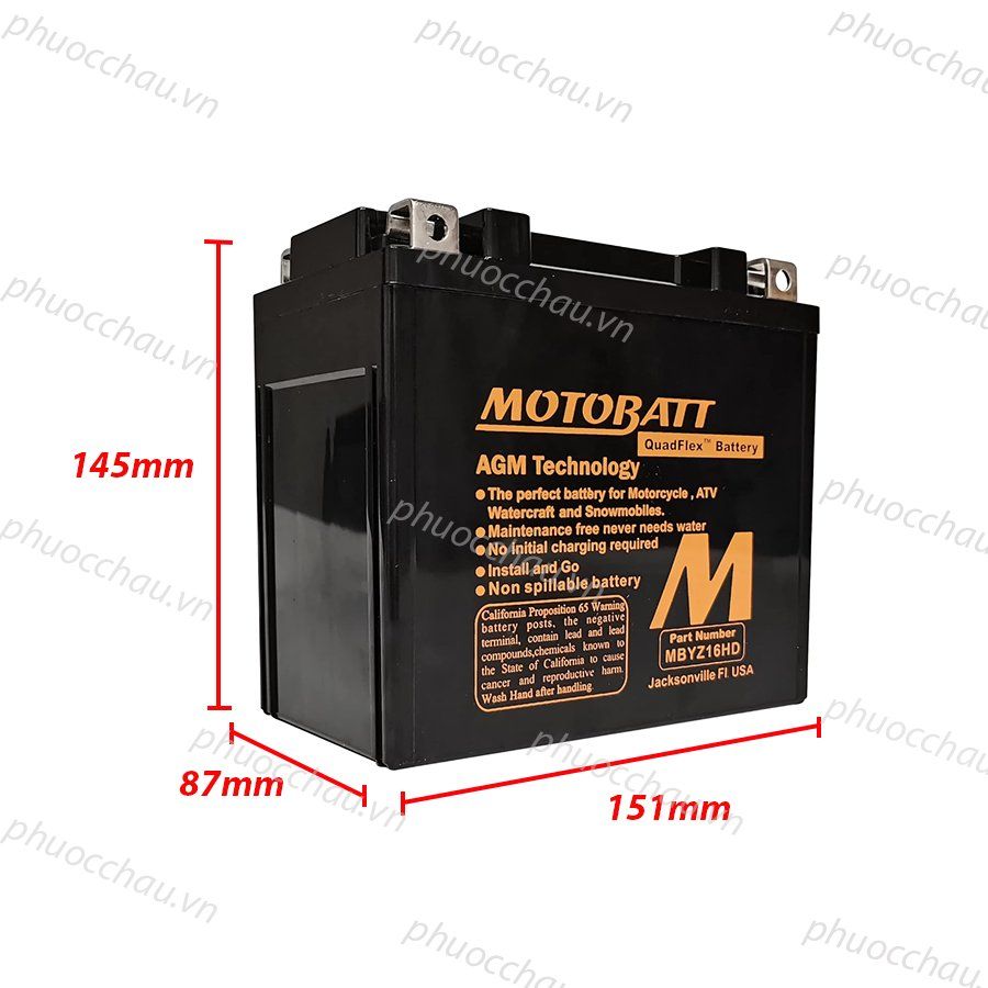 Ắc quy xe moto phân khối lớn MOTOBATT MBYZ16HD 12V - 17.5AH, thương hiệu Hoa Kỳ, dùng cho xe HARLEY-DAVIDSON