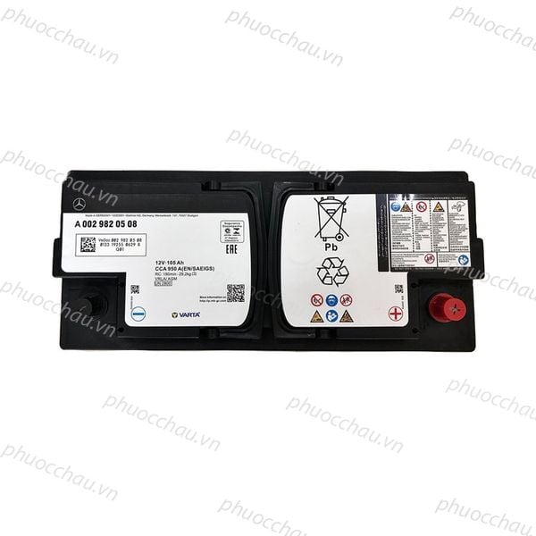 Ắc quy Mercedes A0029820508 AGM 12V 105Ah nhìn từ trên, tem thông số CCA 950A và ký hiệu tái chế Pb
