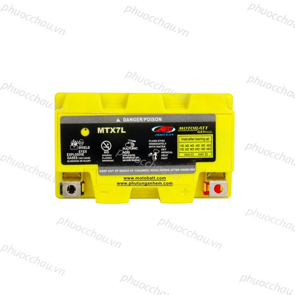 Ắc quy MOTOBATT MTX7L 12V 7AH nhìn chính diện mặt tem cảnh báo DANGER/POISON và hai cọc bình