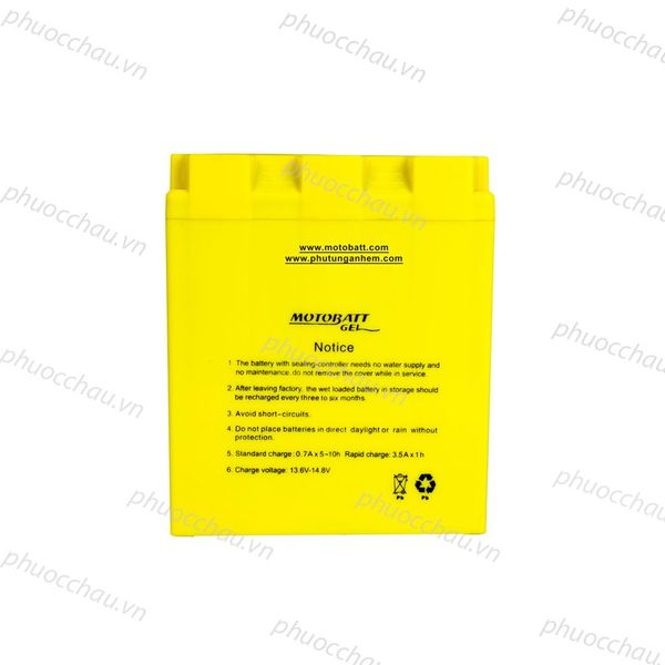 Ắc quy MOTOBATT MTX7L 12V 7AH mặt sau vỏ vàng in hướng dẫn sạc và bảo quản