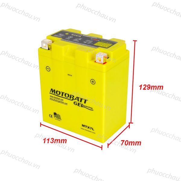 Ắc quy MOTOBATT MTX7L 12V 7AH vỏ vàng kèm số đo kích thước 113mm x 70mm x 129mm