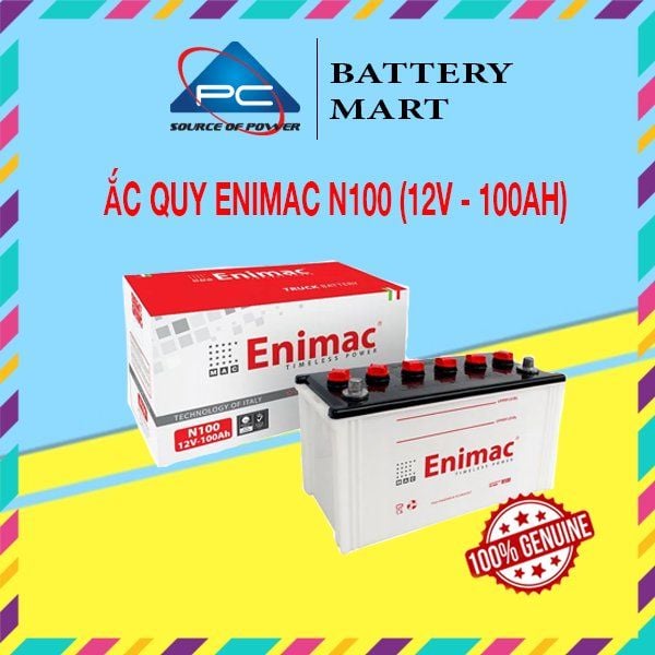Bình ắc quy Enimac N100 12V-100Ah nhìn nghiêng bên phải kèm vỏ hộp đỏ và logo thương hiệu