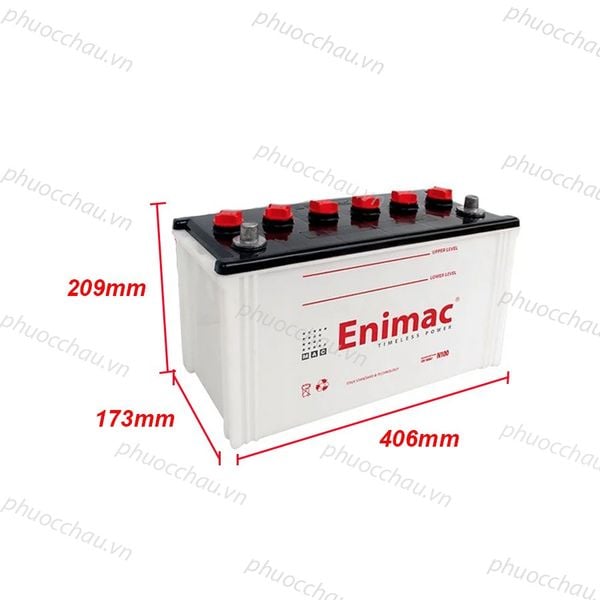 Bình ắc quy Enimac N100 12V-100Ah hình chiếu kích thước dài 406mm rộng 173mm cao 209mm
