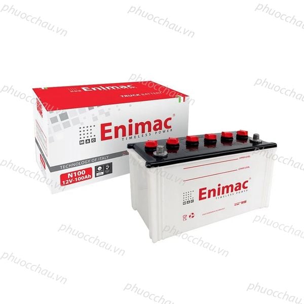 Bình ắc quy Enimac N100 12V-100Ah góc nhìn từ trên thấy 6 nắp đỏ và vỏ hộp đỏ