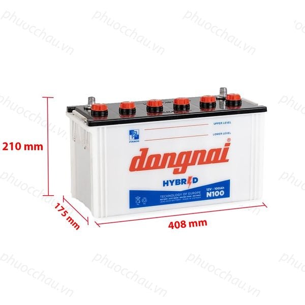 Ắc quy Đồng Nai N100 12V-100AH hình chiếu kích thước dài 408mm rộng 175mm cao 210mm