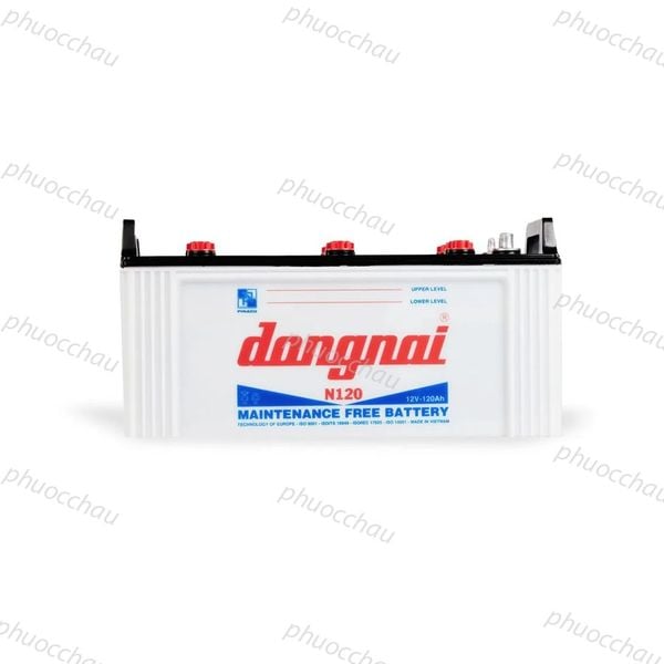 Ắc quy Đồng Nai N120 12V-120Ah nhìn chính diện, vỏ trắng, nắp đỏ và cọc bình