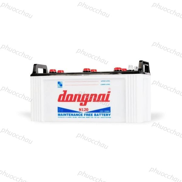 Bình ắc quy Đồng Nai N120 12V-120AH nhìn ngang góc 3/4 mặt trước và nắp bình
