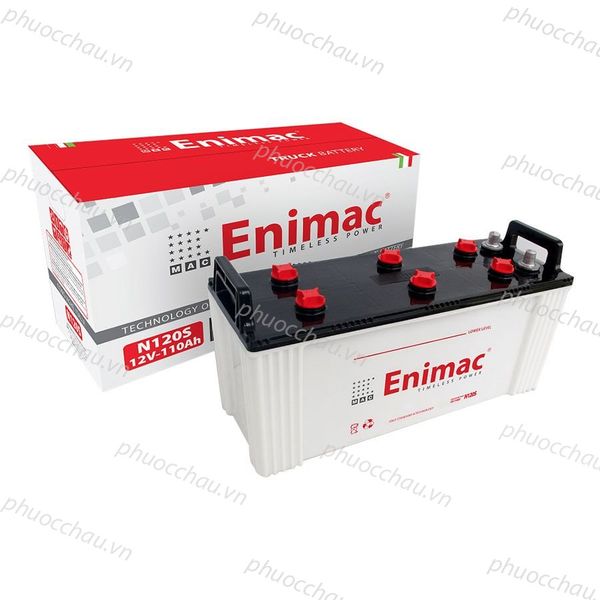 Bình ắc quy Enimac N120S 12V-110Ah góc nhìn từ trên xuống, thấy rõ 6 nắp đỏ và tay xách