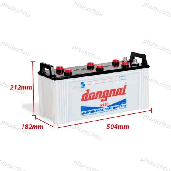 Ắc quy Đồng Nai N120 12V-120AH góc nghiêng kèm kích thước dài 504mm rộng 182mm cao 212mm
