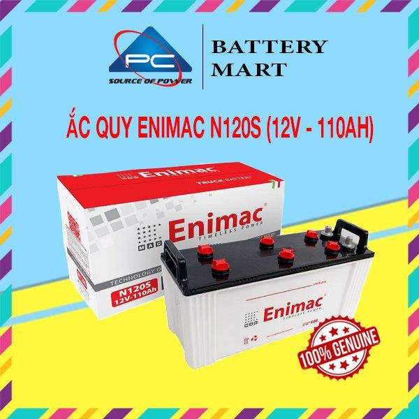 Ắc quy Enimac N120S 12V-110Ah ảnh quảng cáo sản phẩm kèm vỏ hộp và tem chính hãng