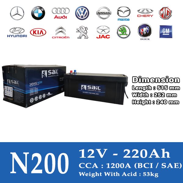 Ắc quy SAiL MF N200 245H52 12V 220Ah bảng thông số kỹ thuật CCA 1200A trọng lượng 53kg kèm kích thước
