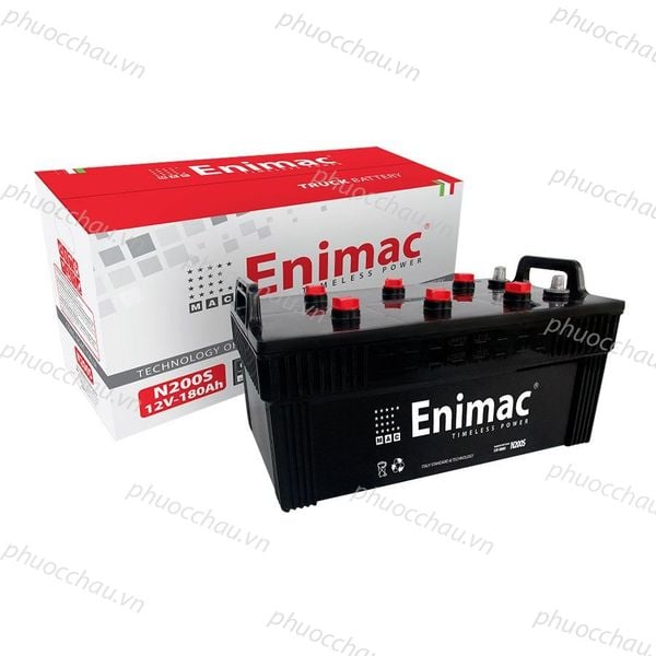 Bình ắc quy Enimac N200S 12V-180Ah góc nghiêng trái kèm vỏ hộp đỏ trắng và 6 nắp đỏ