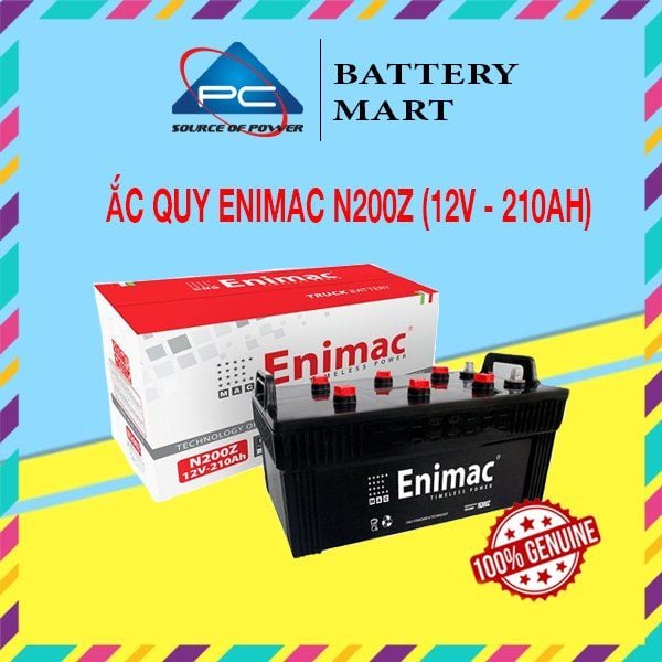 Bình ắc quy Enimac N200Z 12V-210Ah góc nghiêng trái kèm vỏ hộp và tem 100% Genuine