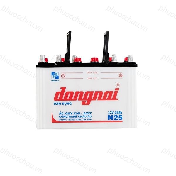 Bình ắc quy Đồng Nai N25 12V-25Ah mặt trước vỏ trắng logo đỏ chữ Dân Dụng, ắc quy chì axit công nghệ Châu Âu