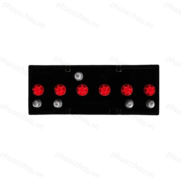 Bình ắc quy Đồng Nai N25 12V-25Ah nhìn từ trên nắp bình đen 6 nút tròn đỏ và 2 cọc bình